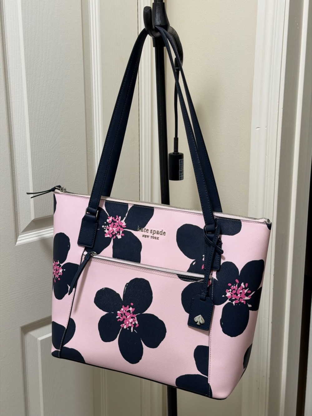 kate spade Pink Floral Tote with Navy Handles - Picture 2 of 10